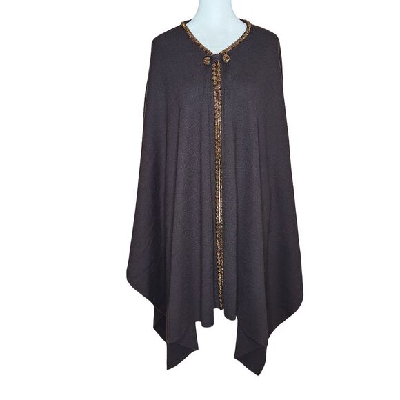 Marina Rinaldi Brown 100% Lana Wool Cape Poncho M/12-14 Beaded Trim Button Front